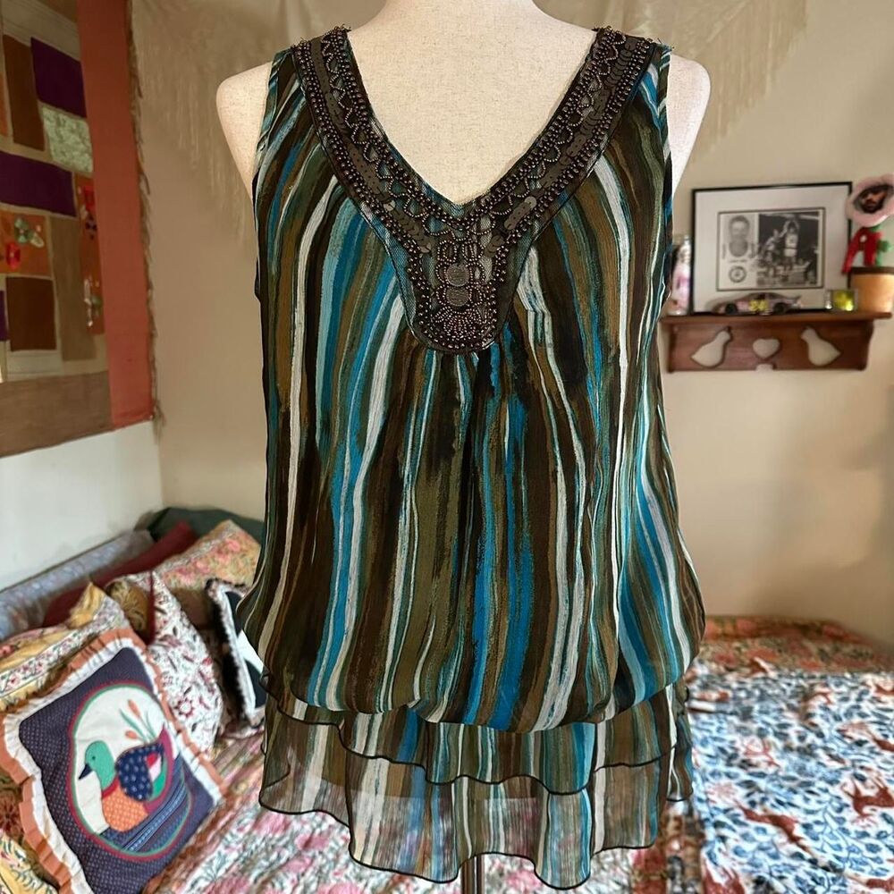 Larry Levine Brown and Turqouise Boho Bubble Y2K Tank Top with Beaded Neckline